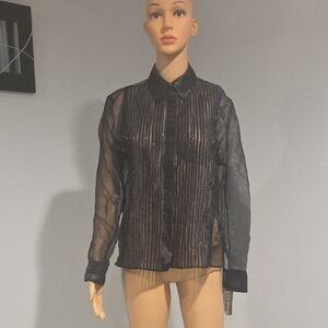 Vintage Black Sheer Striped Button-Up Blouse